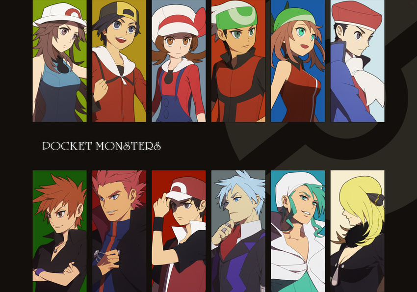 6+boys alternate_costume alternate_headwear annotated backwards_hat bandana baseball_cap black_hair blonde_hair blue_(pokemon) blue_hair brown_hair cabbie_hat coat column_lineup copyright_name gold_(pokemon) hair_ornament haruka_(pokemon) hat headband highres kotone_(pokemon) kouki_(pokemon) mikuri_(pokemon) multiple_boys multiple_girls ookido_green pokemon pokemon_(game) pokemon_dppt pokemon_emerald pokemon_frlg pokemon_hgss pokemon_platinum pokemon_rgby pokemon_rse red_(pokemon) red_(pokemon_frlg) red_hair shirona_(pokemon) smirk tsuwabuki_daigo wataru_(pokemon) winter_clothes yohi yuuki_(pokemon)