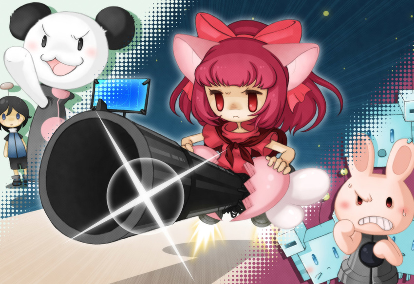 1girl animal_ears bow broken_heart bunny cat_ears copyright_request foreshortening gun hair_bow heart huge_weapon panda red_eyes red_hair scowl towelket_wo_mou_ichido weapon yamori_511