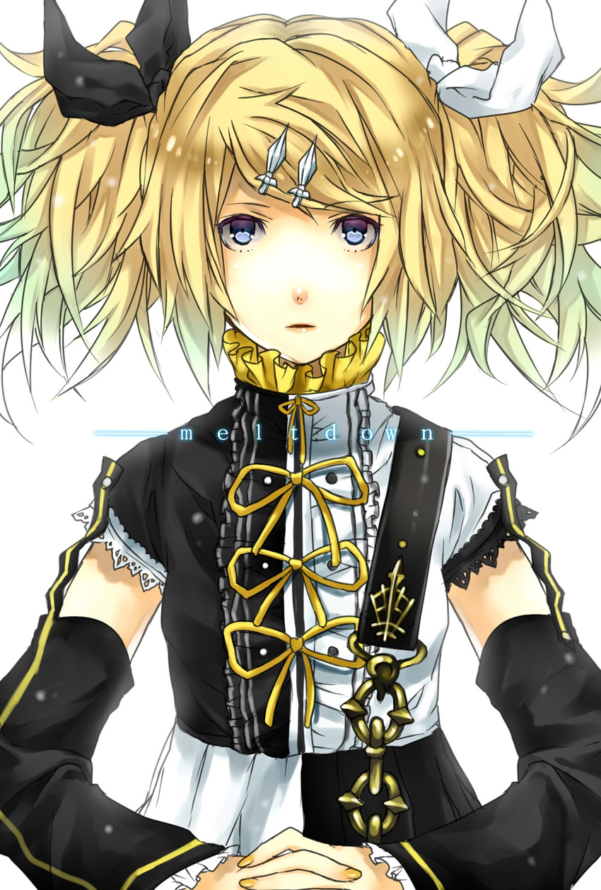 alternate_hairstyle aqua_eyes blonde_hair detached_sleeves dress gothic hair_ornament hair_ribbon hairclip highres kagamine_rin kagamine_rin_(roshin_yuukai/hard_rkmix) ribbon roshin_yuukai_(vocaloid) short_hair solo twintails vocaloid yunomachi