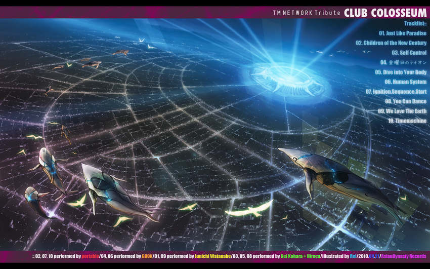 chitose_rin cityscape colosseum flying_fish highres laser no_humans scenery whale