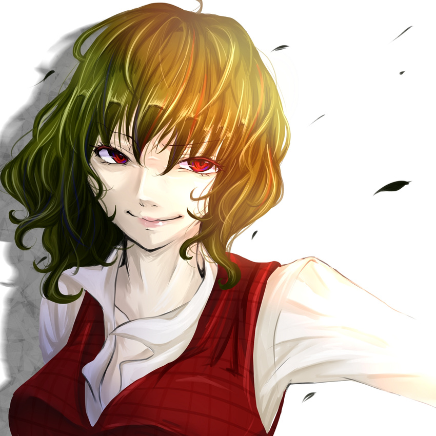 bad_id bad_pixiv_id close-up closed_mouth face green_hair highres kazami_yuuka lips pesoko petals plaid plaid_vest red_eyes short_hair smile solo touhou vest white_background
