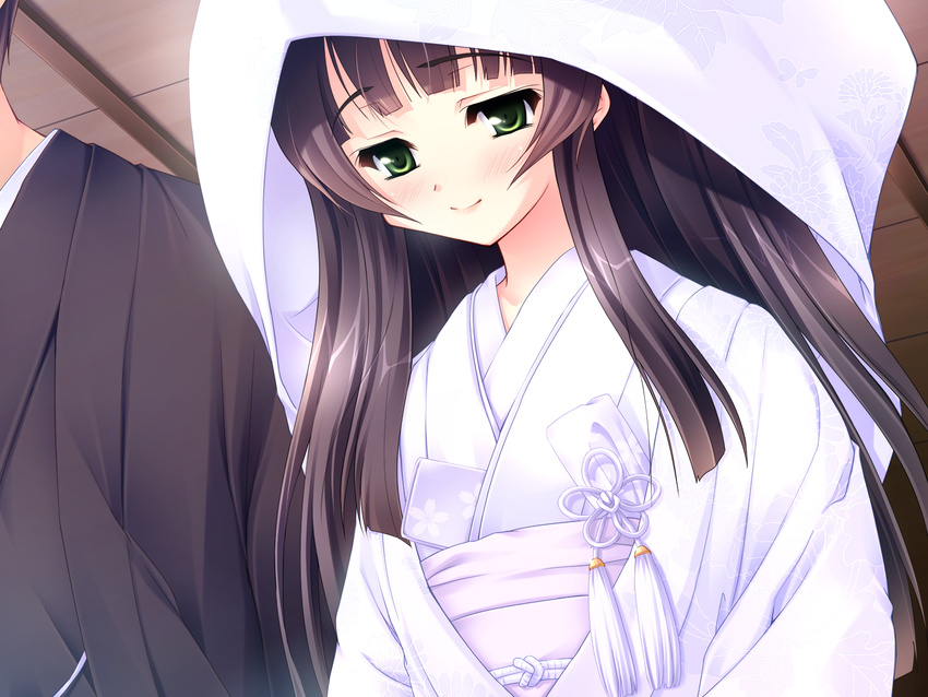 1girl asagiri_itsuki black_hair blush bride couple dress formal green_eyes hetero highres hood japanese_clothes kimono kiss_yori_saki_ni_koi_yori_hayaku long_hair smile tougarashi_hideyu uchikake wedding