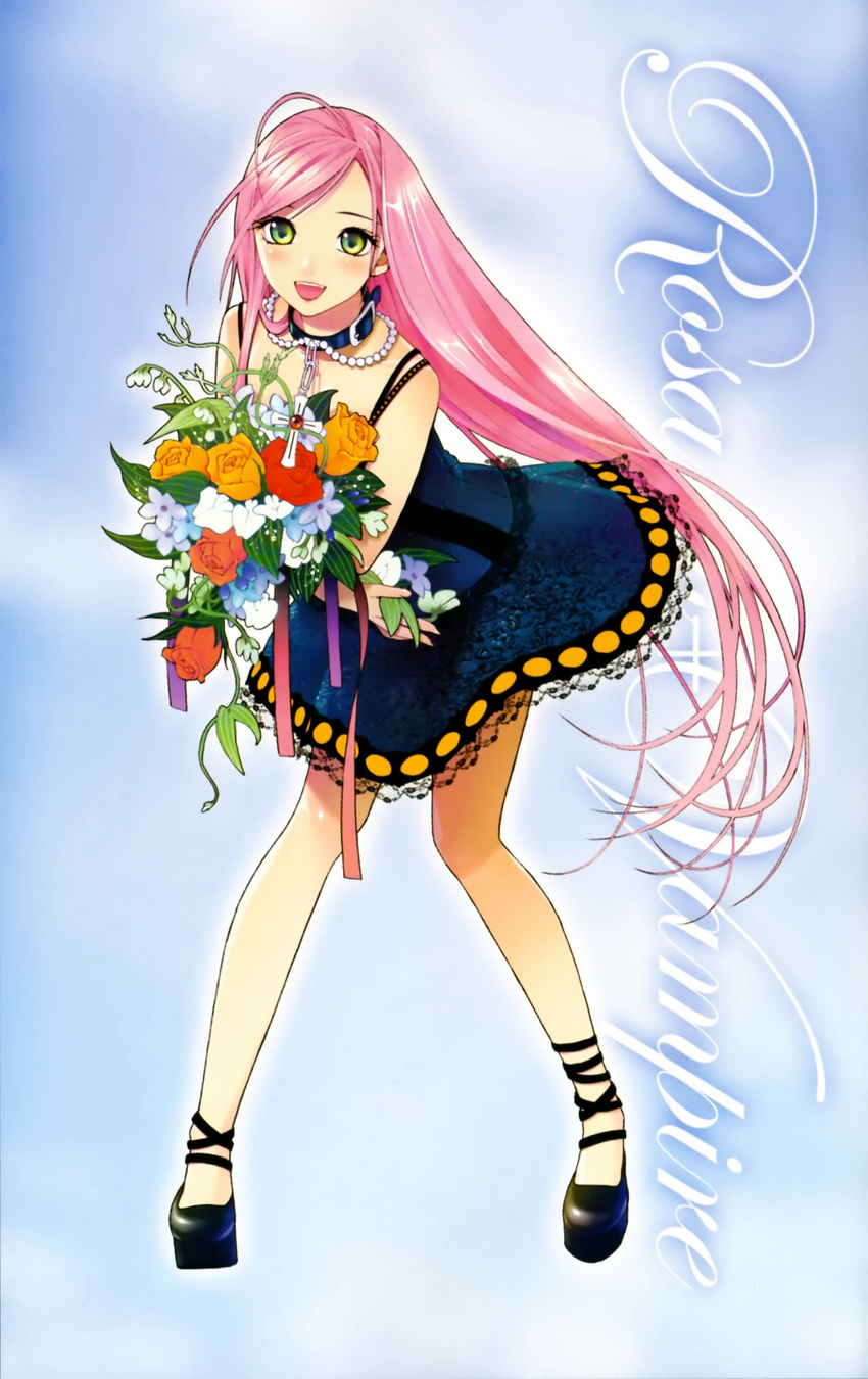 akashiya_moka artist_request blush bouquet collar flower green_eyes highres long_hair open_mouth pink_hair rosario+vampire smile solo very_long_hair