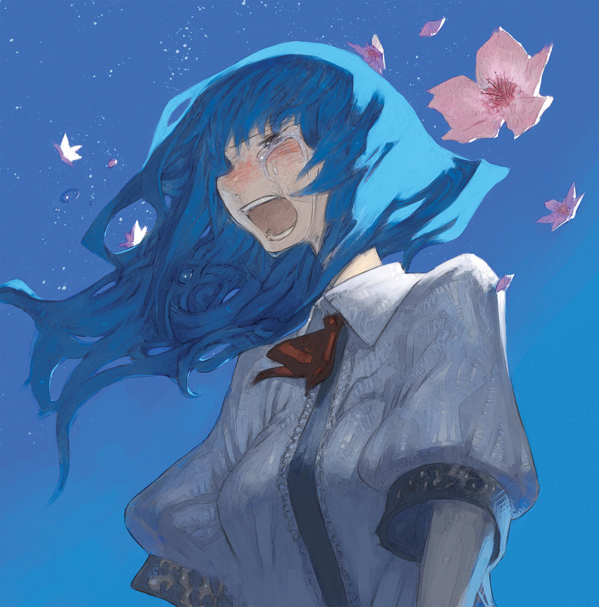 bad_id bad_pixiv_id blush chomoran crying crying_with_eyes_open face flower hinanawi_tenshi long_hair open_mouth sad solo tears touhou wind