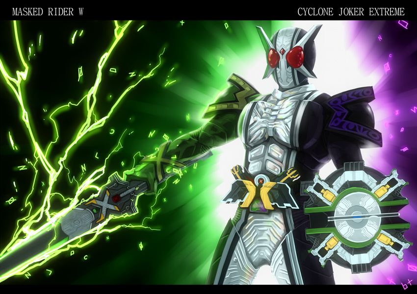 bad_id bad_pixiv_id belt electricity highres kamen_rider kamen_rider_double kamen_rider_w male_focus shield solo sword weapon yanagi_ryuuta