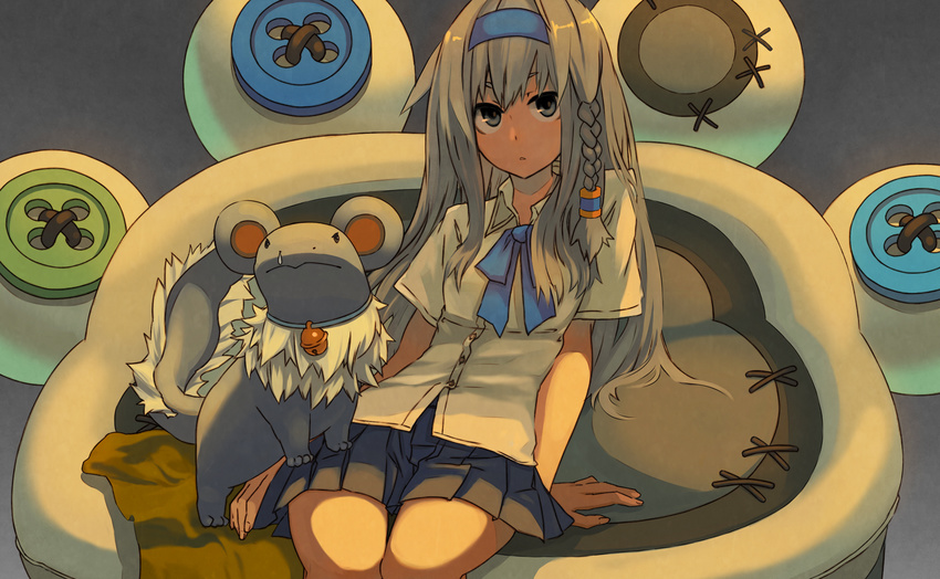 animal arm_support bad_id bad_pixiv_id bell blue_eyes bow braid buttons collar grey_hair hairband highres leaning_to_the_side long_hair original ponkan_8 silver_hair single_braid sitting skirt snot solo