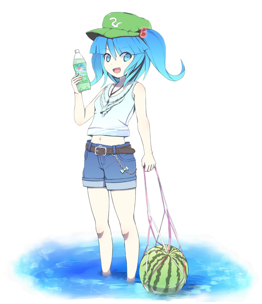alternate_costume bad_id bad_pixiv_id belt blue_eyes blue_hair bow chain contemporary denim denim_shorts food fruit hair_bobbles hair_ornament hat highres jewelry kawashiro_nitori midriff navel necklace net open_mouth sanuki_(zigzagflamberge) short_hair shorts smile solo touhou transparent_background two_side_up wading water watermelon