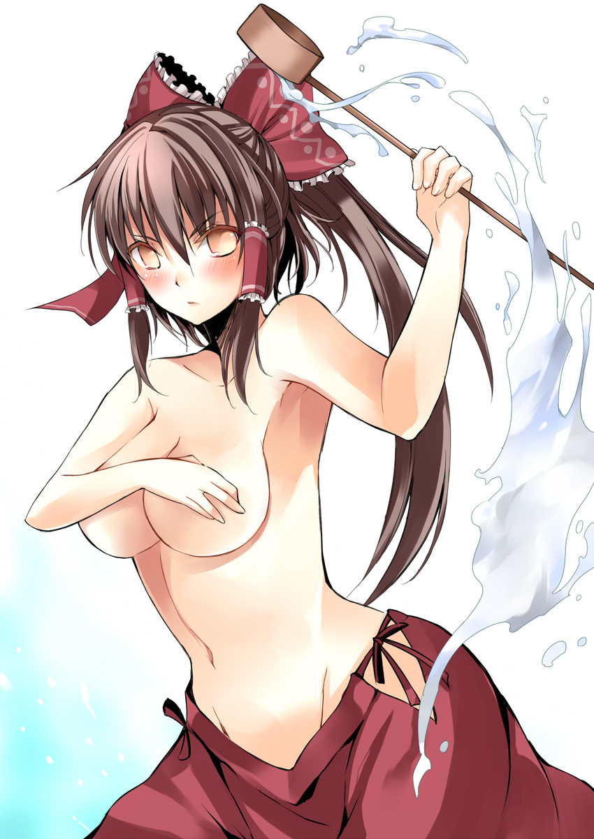 atoshi blush bow breasts brown_eyes brown_hair colored_eyelashes covering covering_breasts frown groin hair_bow hair_tubes hakurei_reimu highres hishaku large_breasts long_hair looking_at_viewer navel no_panties no_pupils ponytail skirt solo topless touhou water yellow_eyes