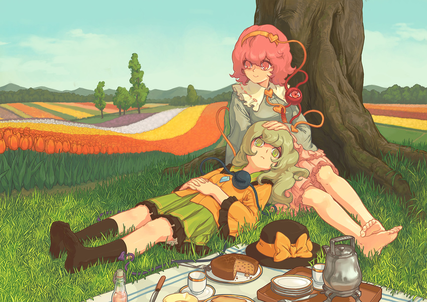 against_tree barefoot cake eyes feet field flower flower_field food grass green_eyes green_hair hairband hand_on_head hat hat_removed headwear_removed heart highres komeiji_koishi komeiji_satori lap_pillow momijigari multiple_girls pastry picnic pink_hair short_hair siblings sisters teapot touhou tree tulip