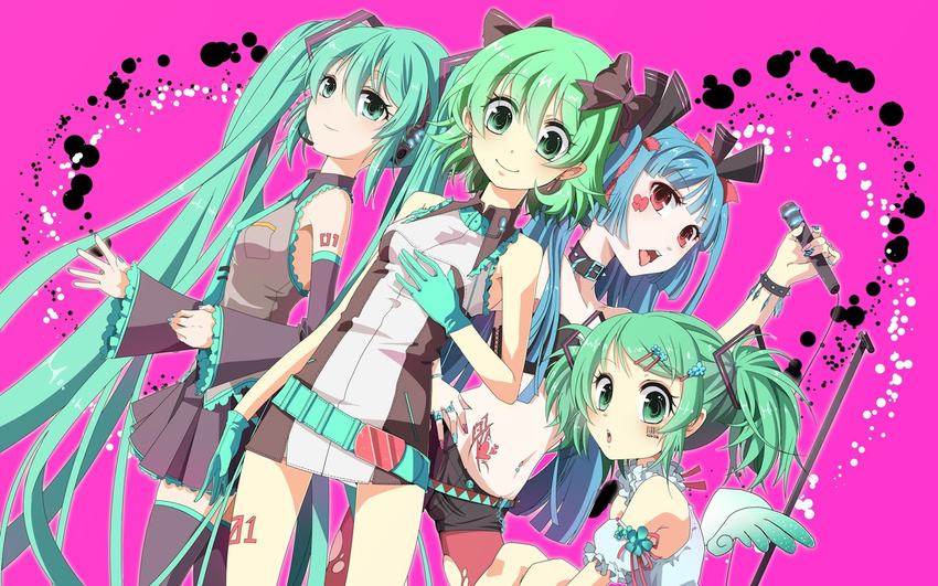 alternate_hairstyle angel_wings aqua_eyes aqua_hair aqua_nails bad_id bad_pixiv_id bow bracelet detached_sleeves gloves green_eyes green_hair hair_bow hair_ornament hair_ribbon hairclip hatsune_miku hiiro_(kikokico) jewelry long_hair microphone microphone_stand midriff multiple_girls multiple_persona nail_polish navel red_eyes ribbon short_hair shorts skirt smile tattoo thighhighs tongue twintails very_long_hair vocaloid wings zettai_ryouiki