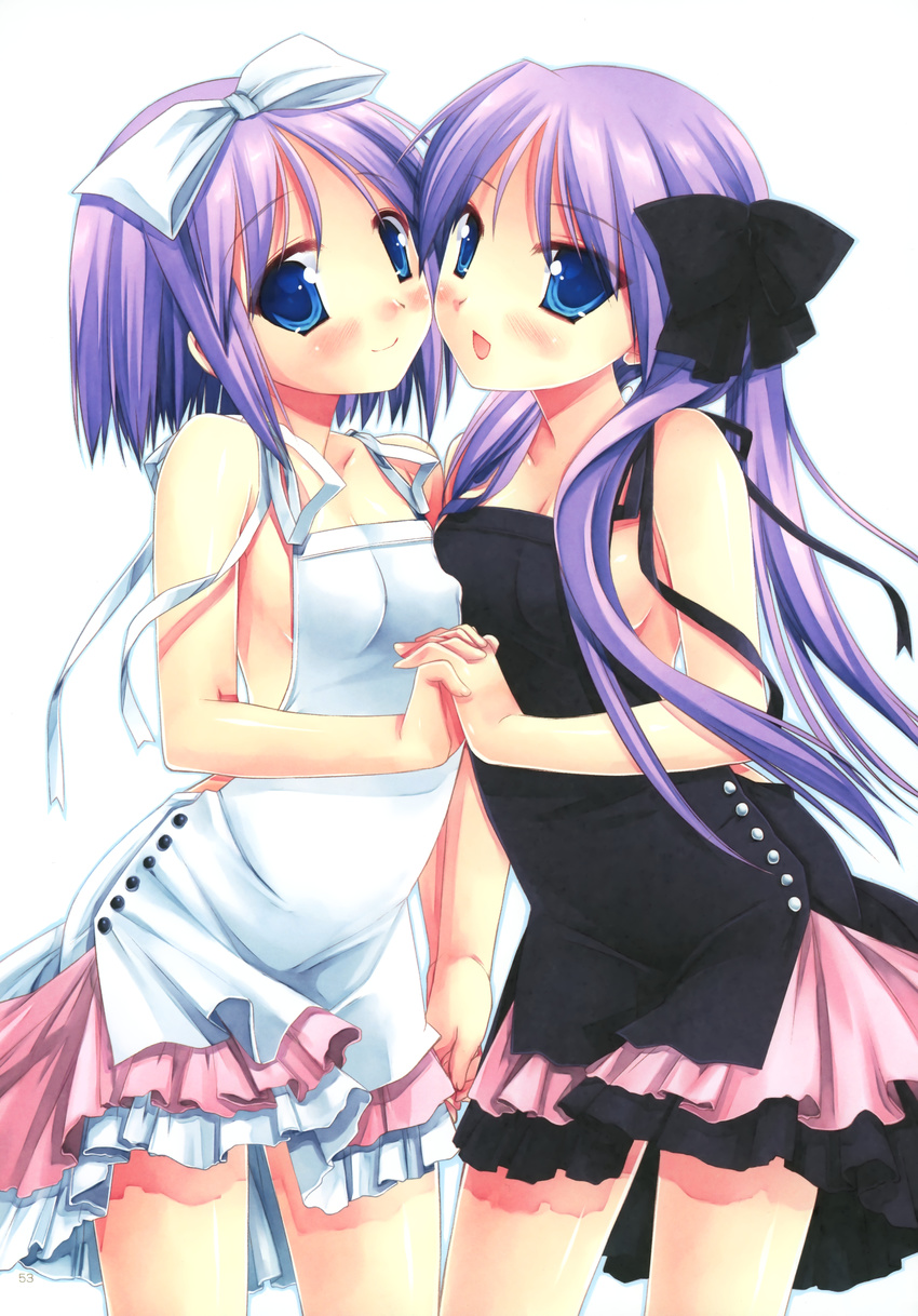 absurdres bare_shoulders black_dress blue_eyes blush breasts dress hair_ribbon highres hiiragi_kagami hiiragi_tsukasa holding_hands long_hair lucky_star medium_breasts miyasu_risa multiple_girls no_bra purple_hair ribbon short_hair siblings sisters skirt small_breasts smile twins white_skirt