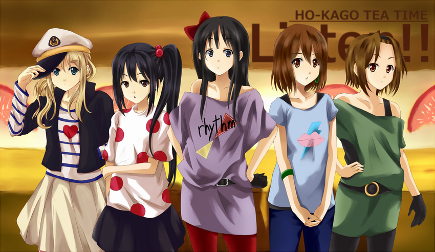 akiyama_mio black_eyes black_hair blonde_hair blue_eyes brown_eyes brown_hair casual gloves hat highres hirasawa_yui k-on! kotobuki_tsumugi listen!! long_hair multiple_girls nakano_azusa pantyhose sailor_hat saku_(scaw) short_hair tainaka_ritsu