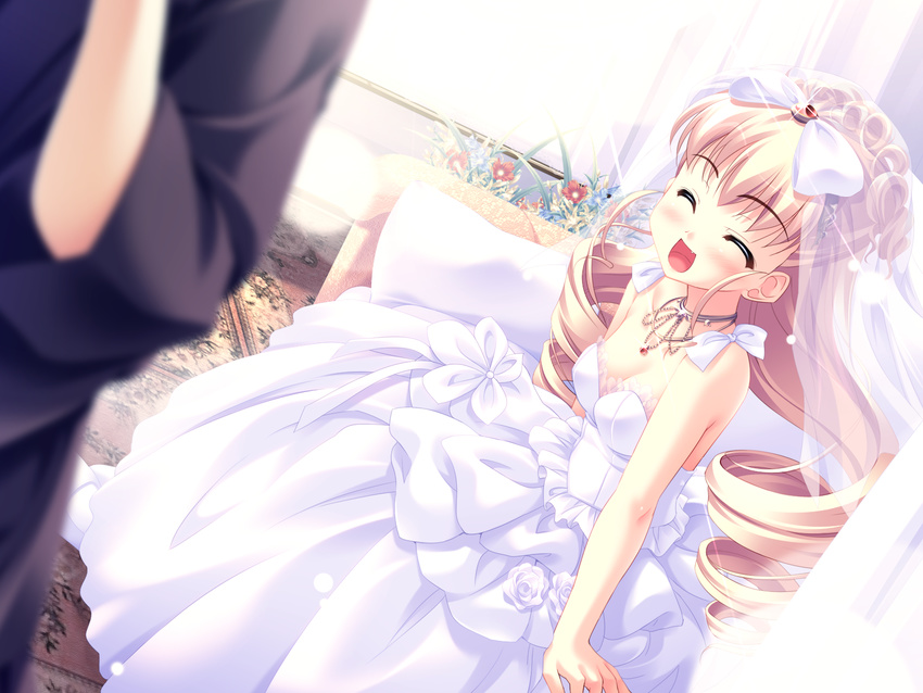 1girl :d bed blonde_hair blush bow bridal_veil bride choker closed_eyes couple dress drill_hair dutch_angle flower hair_bow hetero highres jewelry kisai_rurika kiss_yori_saki_ni_koi_yori_hayaku laughing long_hair necklace open_mouth pillow smile strapless strapless_dress tougarashi_hideyu veil very_long_hair wedding_dress white_dress