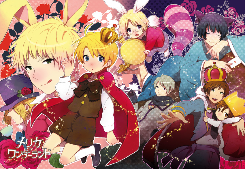 :d alice_in_wonderland america_(hetalia) animal_ears axis_powers_hetalia bad_id bad_pixiv_id blonde_hair bunny_ears canada_(hetalia) cat_ears cheshire_cat cheshire_cat_(cosplay) cosplay crown france_(hetalia) hat japan_(hetalia) mad_hatter mad_hatter_(cosplay) male_focus multiple_boys one_eye_closed open_mouth russia_(hetalia) smile southern_italy_(hetalia) spain_(hetalia) tomako united_kingdom_(hetalia) white_rabbit white_rabbit_(cosplay) younger