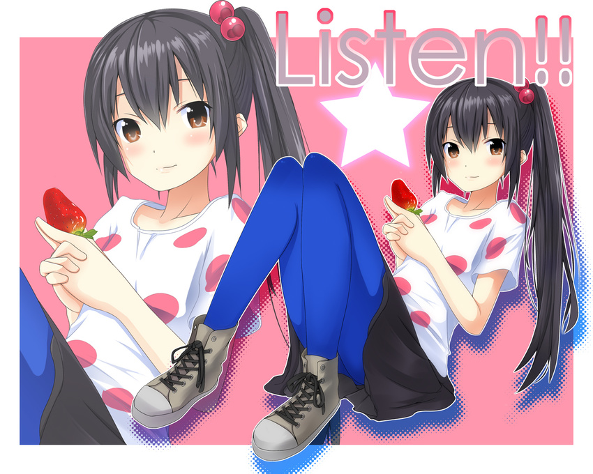 bad_id bad_pixiv_id black_hair blue_legwear brown_eyes k-on! listen!! long_hair masamuuu nakano_azusa pantyhose polka_dot side_ponytail skirt solo zoom_layer