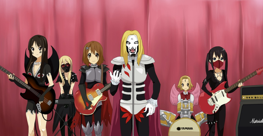 5girls akiyama_mio black_eyes black_hair blonde_hair brown_eyes brown_hair crossover detroit_metal_city guitar hirasawa_yui instrument jacky_(artist) johannes_krauser_ii k-on! kotobuki_tsumugi long_hair multiple_girls nakano_azusa short_hair tainaka_ritsu twintails wings