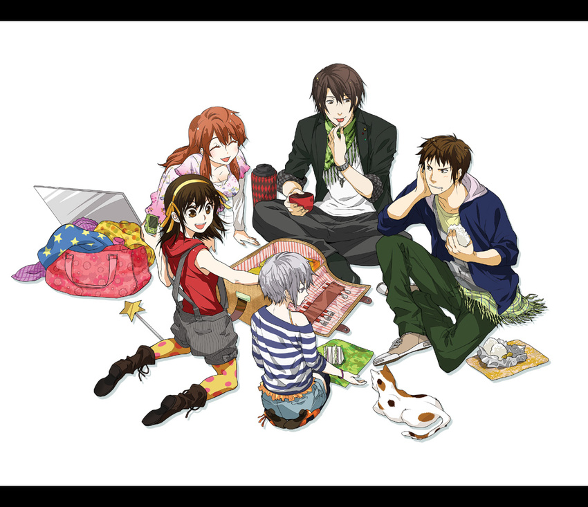 3girls asahina_mikuru bag boots buta_no_kakuni calico casual cat food koizumi_itsuki kyon mirror multiple_boys multiple_girls nagato_yuki onigiri picnic sandwich shamisen_(suzumiya_haruhi) shirt shoes sneakers star star_print striped striped_shirt suzumiya_haruhi suzumiya_haruhi_no_yuuutsu thermos wand