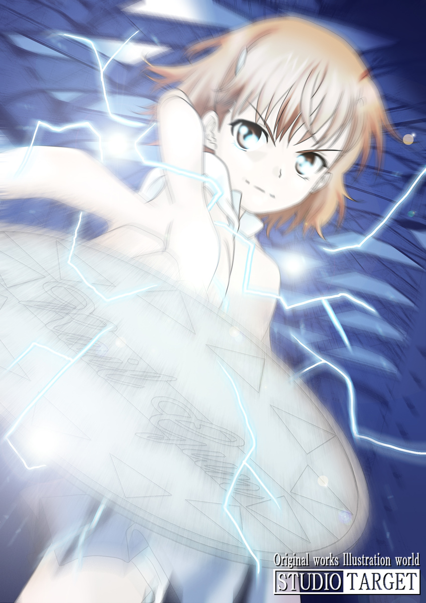 bad_id bad_pixiv_id biribiri brown_eyes brown_hair coin electricity english foreshortening hair_ornament hairclip highres misaka_mikoto motion_blur pleated_skirt school_uniform shorts skirt solo sweater_vest to_aru_kagaku_no_railgun to_aru_majutsu_no_index wan-taka watermark