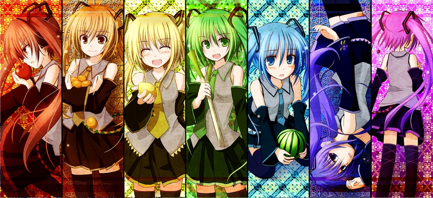 alternate_color alternate_hair_color apple aqua_eyes aqua_hair blonde_hair blue_eyes blue_hair detached_sleeves food fruit gradient green_eyes green_hair hatsune_miku holding holding_food holding_fruit lemon long_hair mashayuki melon necktie orange orange_eyes orange_hair purple_hair rainbow rainbow_order red_hair skirt smile spring_onion strawberry twintails vocaloid watermelon