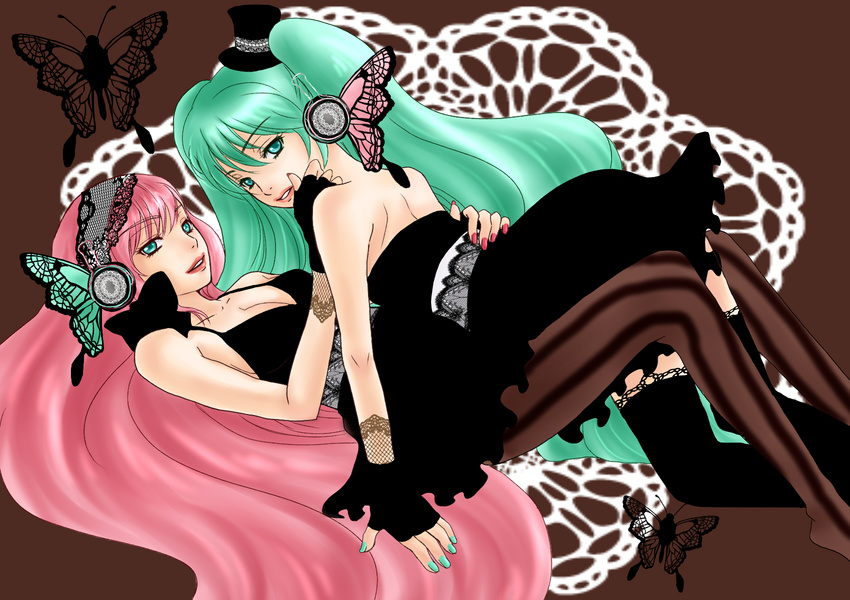 aqua_eyes aqua_hair aqua_nails bad_id bad_pixiv_id brown_legwear bug butterfly butterfly_hair_ornament dress fingerless_gloves gloves hair_ornament hat hatsune_miku headset highres insect lips long_hair lying maccha_(chaca) magnet_(vocaloid) megurine_luka multiple_girls nail_polish pantyhose pink_hair pink_nails strapless strapless_dress striped striped_legwear thighhighs top_hat twintails vertical-striped_legwear vertical_stripes very_long_hair vocaloid yuri