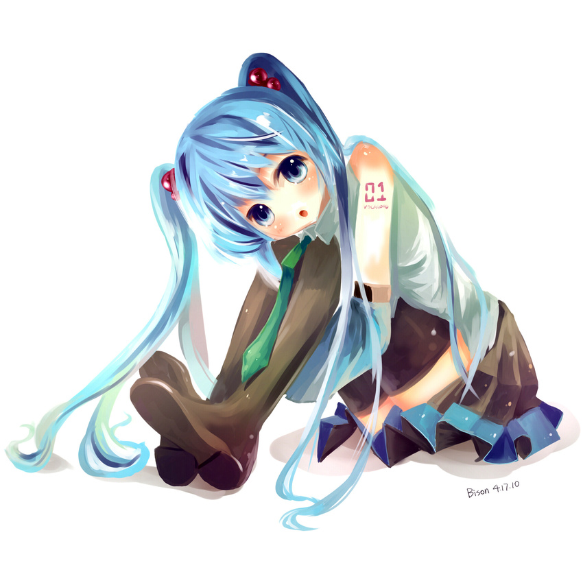 bad_id bad_pixiv_id bison_cangshu blue_eyes blue_hair boots detached_sleeves hatsune_miku highres leg_hug long_hair necktie open_mouth simple_background sitting skirt solo thigh_boots thighhighs twintails vocaloid