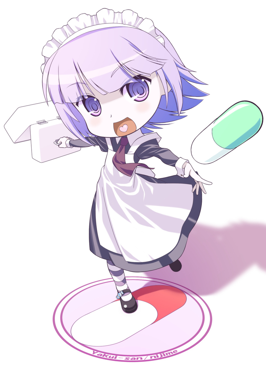 :d chibi futaba_channel hatuka heart heart_in_mouth highres maid maid_headdress nijiura_maids open_mouth pill purple_eyes purple_hair ringed_eyes shadow smile solo striped striped_legwear yakui