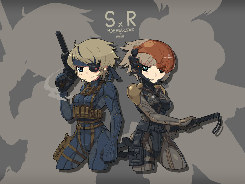 2girls blue_eyes bodysuit cigarette eyepatch female genderswap green_eyes grey_hair gun helmet metal_gear metal_gear_(series) metal_gear_solid metal_gear_solid_4 miaoye multiple_girls raiden short_hair solid_snake sweetsnake sword weapon