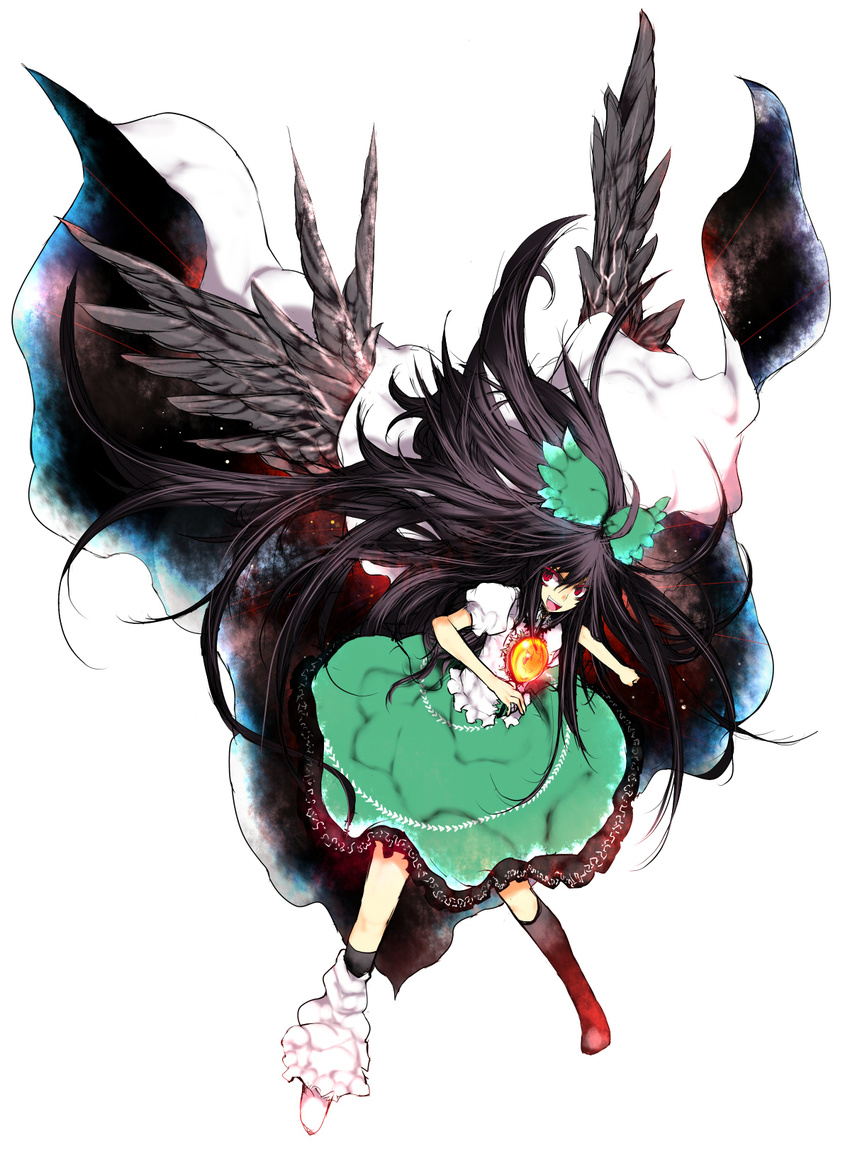 aoguu asymmetrical_clothes bad_id bad_pixiv_id black_hair bow cape glowing glowing_eye green_bow hair_bow highres large_wings long_hair mismatched_footwear red_eyes reiuji_utsuho solo touhou white_background wings