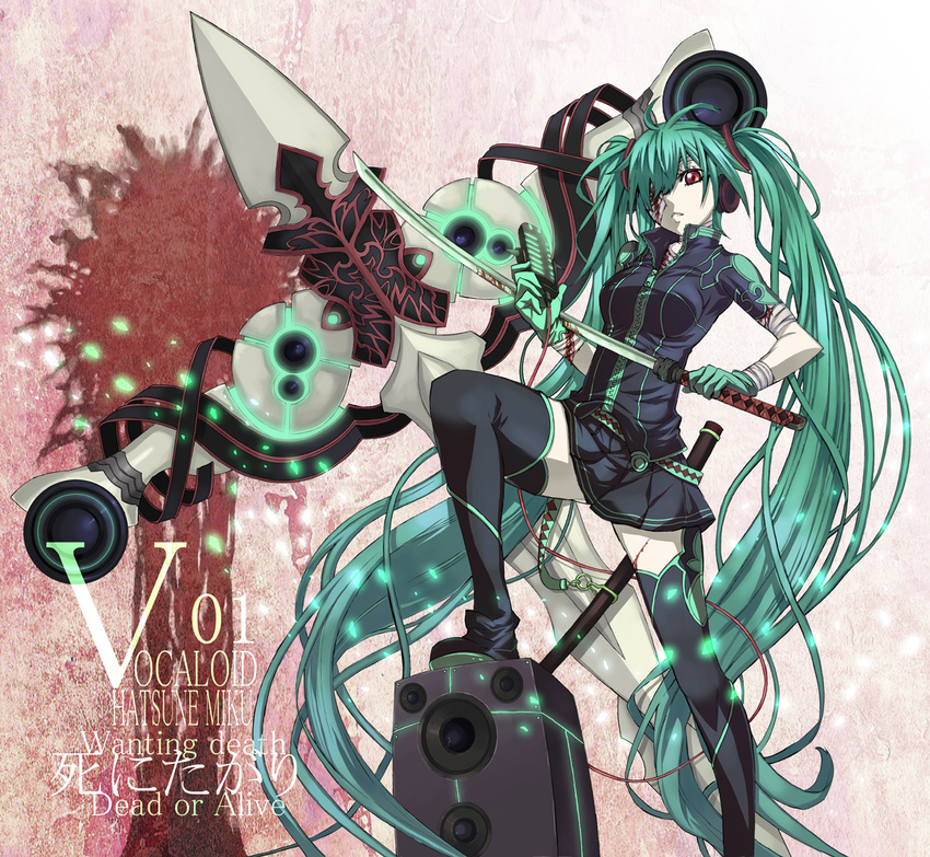 aqua_hair bandage_over_one_eye bandages blood cross cuts gloves hatsune_miku headphones injury katana long_hair microphone nagy red_eyes skirt solo speaker sword thighhighs twintails very_long_hair vocaloid weapon zipper