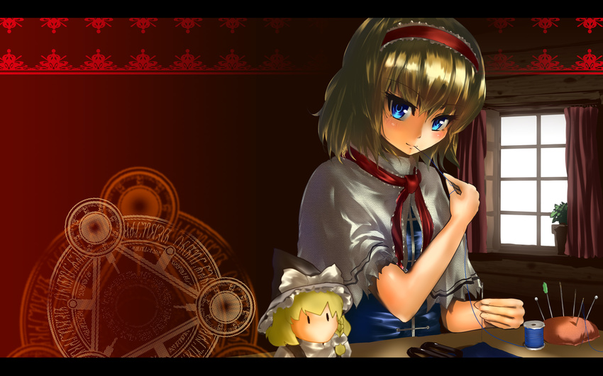alice_margatroid blonde_hair blue_eyes braid capelet character_doll culter doll hairband hat highres kirisame_marisa magic_circle short_hair solo touhou wallpaper window witch_hat