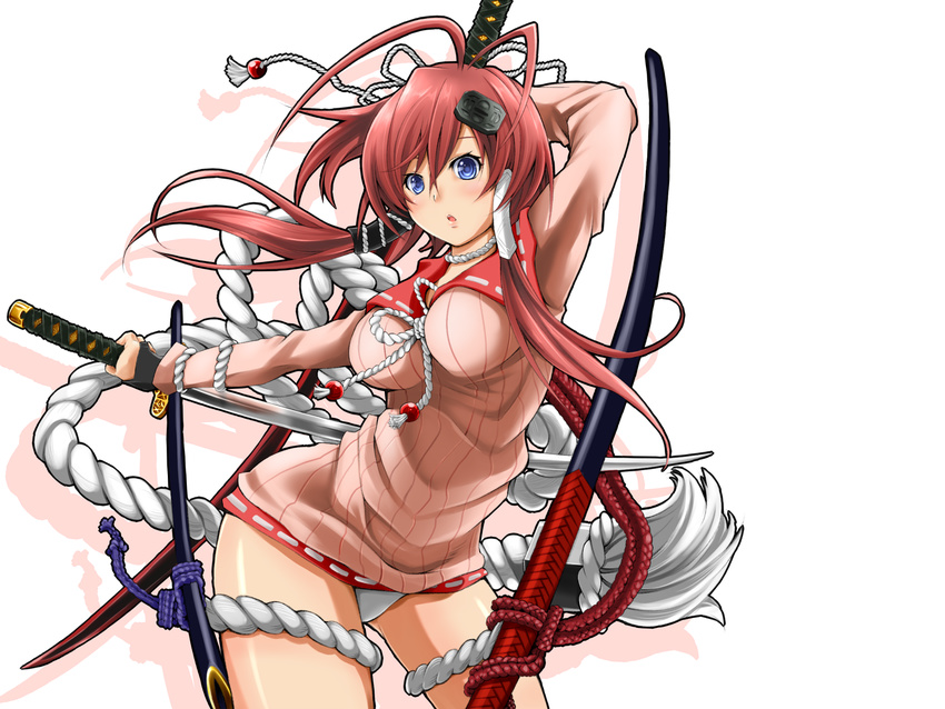 blue_eyes hyakka_ryouran_samurai_girls i-la panties red_hair sword transparent underwear weapon yagyuu_juubei