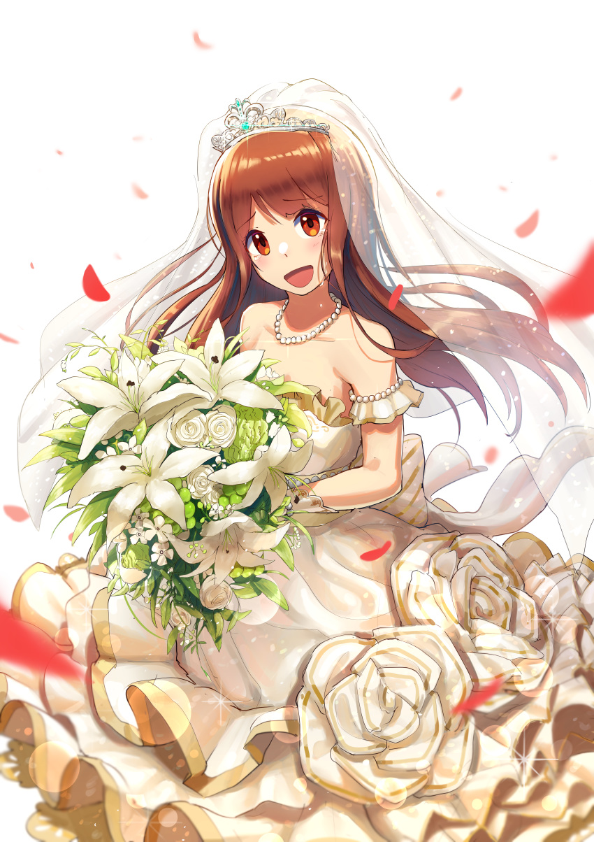 absurdres bangs bare_shoulders blurry blush bokeh bouquet brown_eyes brown_hair commentary depth_of_field dress flower flower_request frills highres huge_filesize idolmaster idolmaster_million_live! idolmaster_million_live!_theater_days jewelry long_hair looking_at_viewer mazeru_(oekaki1210) necklace open_mouth petals see-through smile solo tanaka_kotoha tearing_up tears tiara veil wedding_dress white_background white_dress