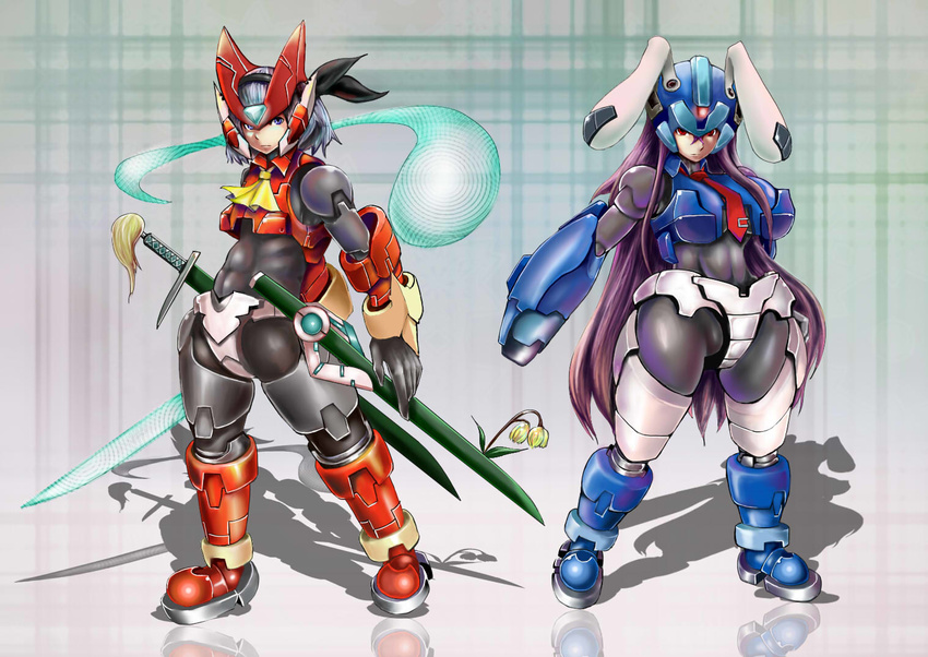 animal_ears arm_cannon bunny_ears cosplay energy_sword jonasan_(bad-t) katana konpaku_youmu konpaku_youmu_(ghost) multiple_girls reisen_udongein_inaba rockman rockman_zero sword touhou weapon x_(rockman) x_(rockman)_(cosplay) zero_(rockman) zero_(rockman)_(cosplay)