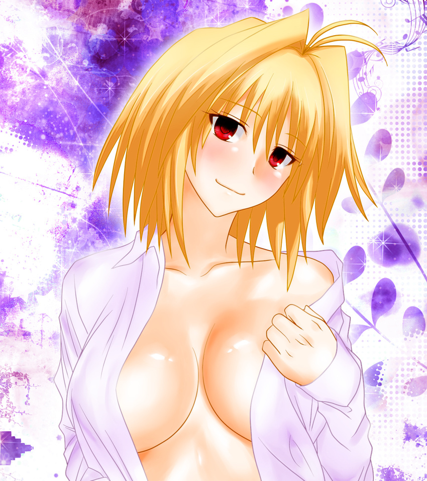 arcueid_brunestud blonde_hair blush breasts cleavage highres open_clothes open_shirt red_eyes shirt smile tsukihime type-moon undressing watarui