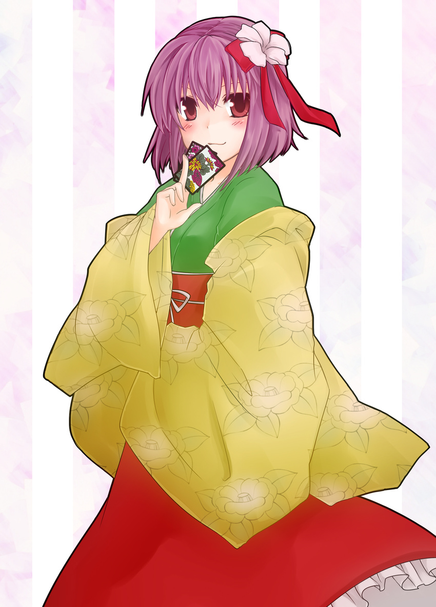 absurdres bow card flower hair_flower hair_ornament hanafuda hieda_no_akyuu highres holding holding_card japanese_clothes monrooru purple_eyes purple_hair short_hair smile solo touhou