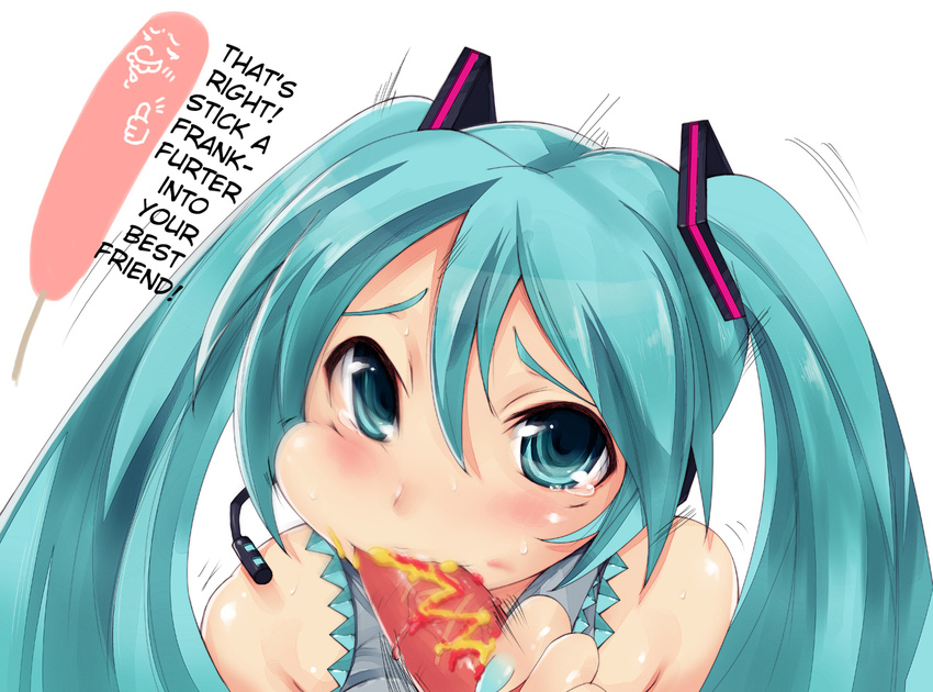 1girl blue_eyes blue_hair blush cheek_bulge cheek_poke fellatio handjob hard_translated hatsune_miku headset hetero hot_dog hotdog imazon ketchup motion_blur mustard oral penis pov sexually_suggestive simple_background tears translated twintails uncensored vocaloid what white_background