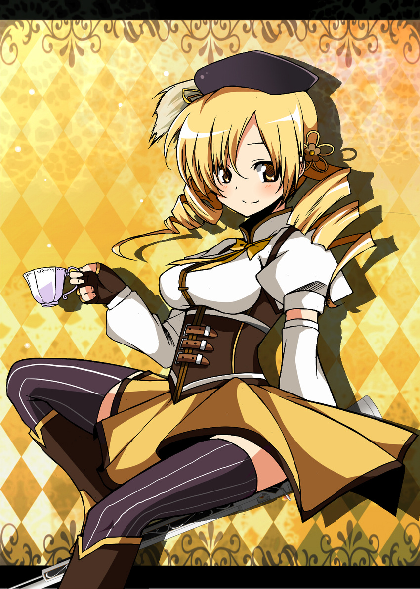 argyle argyle_background bad_id bad_pixiv_id beret blonde_hair blush boots bow breasts brown_legwear colorized cup detached_sleeves drill_hair fingerless_gloves gloves gun hair_ornament hairpin hat highres kasu_kazu letterboxed light_particles magical_girl magical_musket mahou_shoujo_madoka_magica medium_breasts pleated_skirt puffy_sleeves ribbon rifle ruruan_(piitan) sitting skirt smile solo striped striped_legwear teacup thighhighs tomoe_mami twin_drills twintails vertical-striped_legwear vertical_stripes weapon yellow_eyes zettai_ryouiki