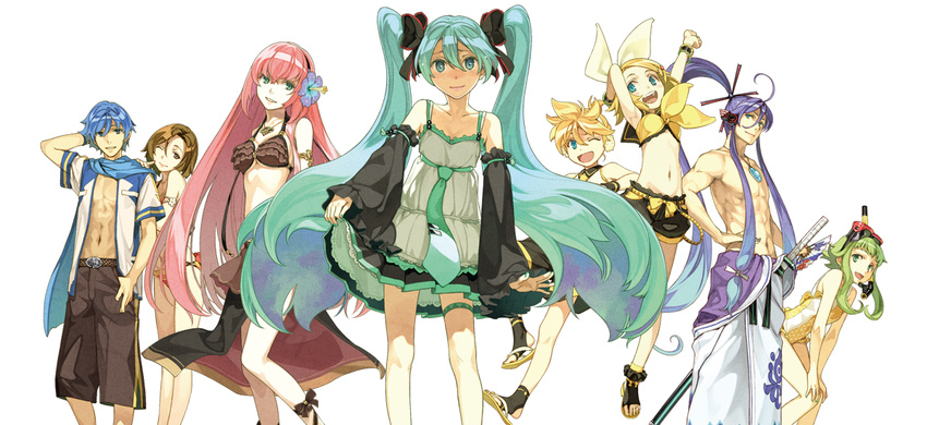 5girls abs alternate_costume aqua_eyes aqua_hair arms_up bikini blonde_hair blue_eyes blue_hair blue_scarf bow brown_bikini_top brown_eyes brown_hair brown_sarong diving_mask everyone fan flower goggles goggles_on_head green_eyes green_hair gumi hair_bow hair_flower hair_ornament hair_ribbon hairclip hatsune_miku hidari_(left_side) kagamine_len kagamine_rin kaito kamui_gakupo long_hair megurine_luka meiko multiple_boys multiple_girls muscle navel one_eye_closed open_mouth pink_hair purple_hair ribbon sarong scarf short_hair simple_background skirt smile summer swimsuit sword twintails vocaloid weapon