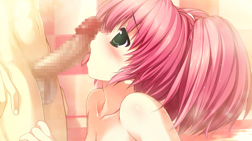 censored fellatio game_cg green_eyes hayase_manami kamikaze_explorer nude oshiki_hitoshi penis pink_hair wet