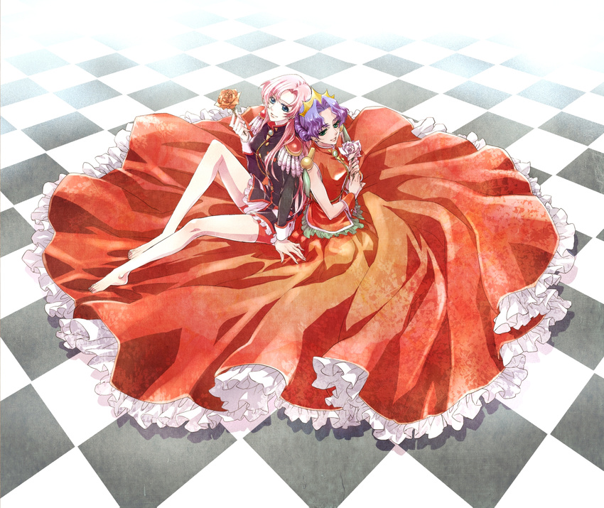 aiguillette barefoot blue_eyes checkered checkered_floor dark_skin dress epaulettes flower green_eyes highres himemiya_anthy long_hair multiple_girls pink_hair purple_hair red_dress red_flower red_rose rose school_uniform short_hair shoujo_kakumei_utena taranoko_(taratarako) tenjou_utena white_flower white_rose