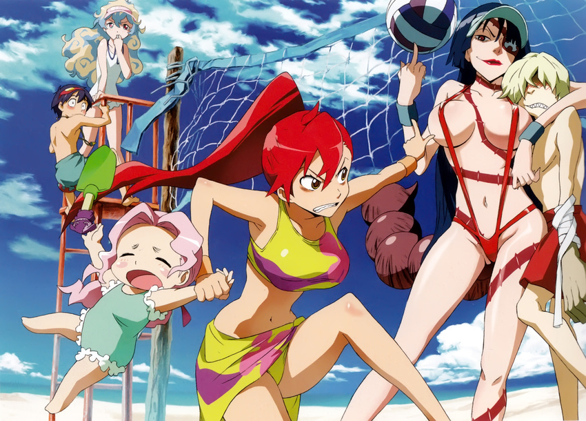 4girls absurdres adiane beach blonde_hair blue_hair breasts cloud darry_adai day dragging eyepatch frilled_swimsuit frills highres hug large_breasts leg_up legs lipstick long_hair long_legs makeup middle_finger multicolored_hair multiple_boys multiple_girls nia_teppelin ocean official_art one-piece_swimsuit outdoors pink_hair pointing ponytail red_hair sarong scorpion_tail simon sky slingshot_swimsuit smirk swimsuit tail tankini tattoo tengen_toppa_gurren_lagann thighs two-tone_hair viral visor_cap volleyball_net whistle yoko_littner