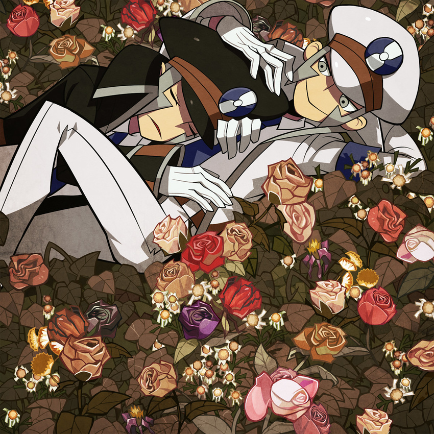 black_flower black_rose brown_rose denim2 flower hat highres kudari_(pokemon) multiple_boys nobori_(pokemon) pink_flower pink_rose pokemon pokemon_(game) purple_flower purple_rose red_flower red_rose rose sleeping