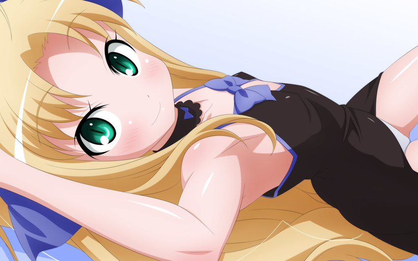 arms_up artist_request astarotte_no_omocha! astarotte_ygvar blonde_hair blush bow character_request child green_eyes hair_bow highres lingerie loli long_hair looking_back lotte_no_omocha! lying nyantype on_back on_side pajamas panties smile sugimura_tomokazu twintails underwear very_long_hair wallpaper