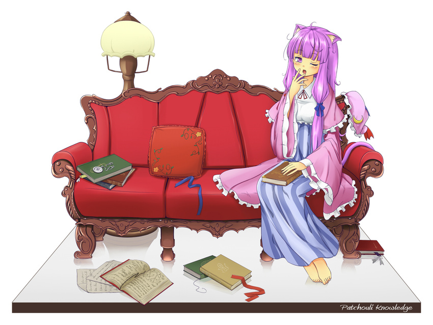 animal_ears barefoot book bookshelf cat_ears cat_tail couch crescent hat hat_removed headwear_removed kemonomimi_mode long_hair one_eye_closed patchouli_knowledge pillow purple_eyes purple_hair rinku sitting solo tail touhou yawning