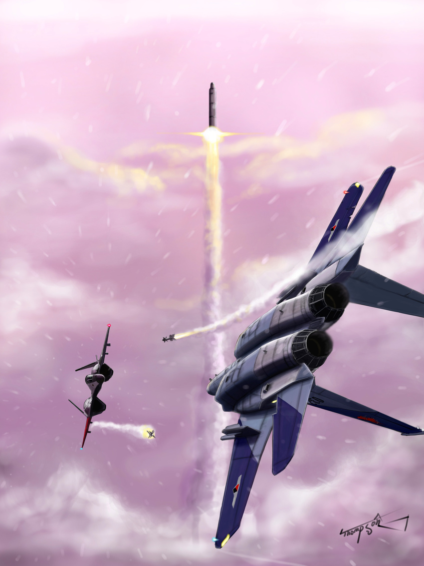 ace_combat_zero adfx-02_morgan aerial_battle aircraft airplane battle cipher_(ace_combat) cloud cloudy_sky condensation_trail dogfight f-15_eagle fighter_jet firing highres jet larry_foulke liftoff military military_vehicle missile no_humans nuclear_weapon rocket signature sky smoke snowing spoilers thompson