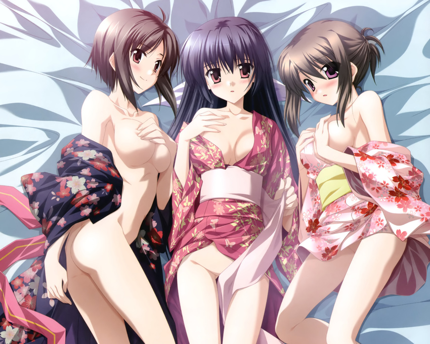 3girls amamiya_yuuko bed breast_hold cleavage ef ef_a_fairy_tale_of_the_two hayama_mizuki hirono_nagi japanese_clothes nanao_naru nopan yukata