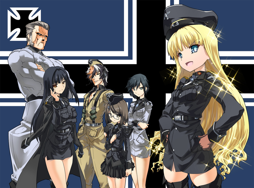 4girls bad_id bad_pixiv_id black_hair black_legwear blonde_hair blue_eyes blush breasts daiteikoku eisen_manstein el_rommel ermi_doenitz grecia_goebbels hat iron_cross isada_(daisa) long_hair looking_at_viewer military military_uniform multiple_boys multiple_girls retia_adolf small_breasts thighhighs trieste_stettin uniform