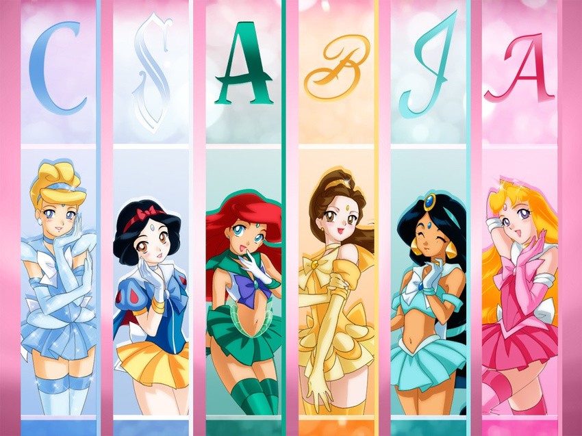 6+girls 6girls adapted_costume aladdin_(disney) ariel ariel_(disney) artist_request aurora aurora_(disney) beauty_and_the_beast belle belle_(disney) bishoujo_senshi_sailor_moon black_hair blonde_hair blue_eyes blush brown_eyes brown_hair cinderella cinderella_(disney) cosplay crossover dark_skin disney drachea_rannak gloves jasmine jasmine_(disney) lipstick long_hair makeup multiple_girls navel open_mouth parody purple_eyes red_hair sailor_moon skirt sleeping_beauty smile snow_white snow_white_and_the_seven_dwarfs style_parody the_little_mermaid thighhighs thighs tongue