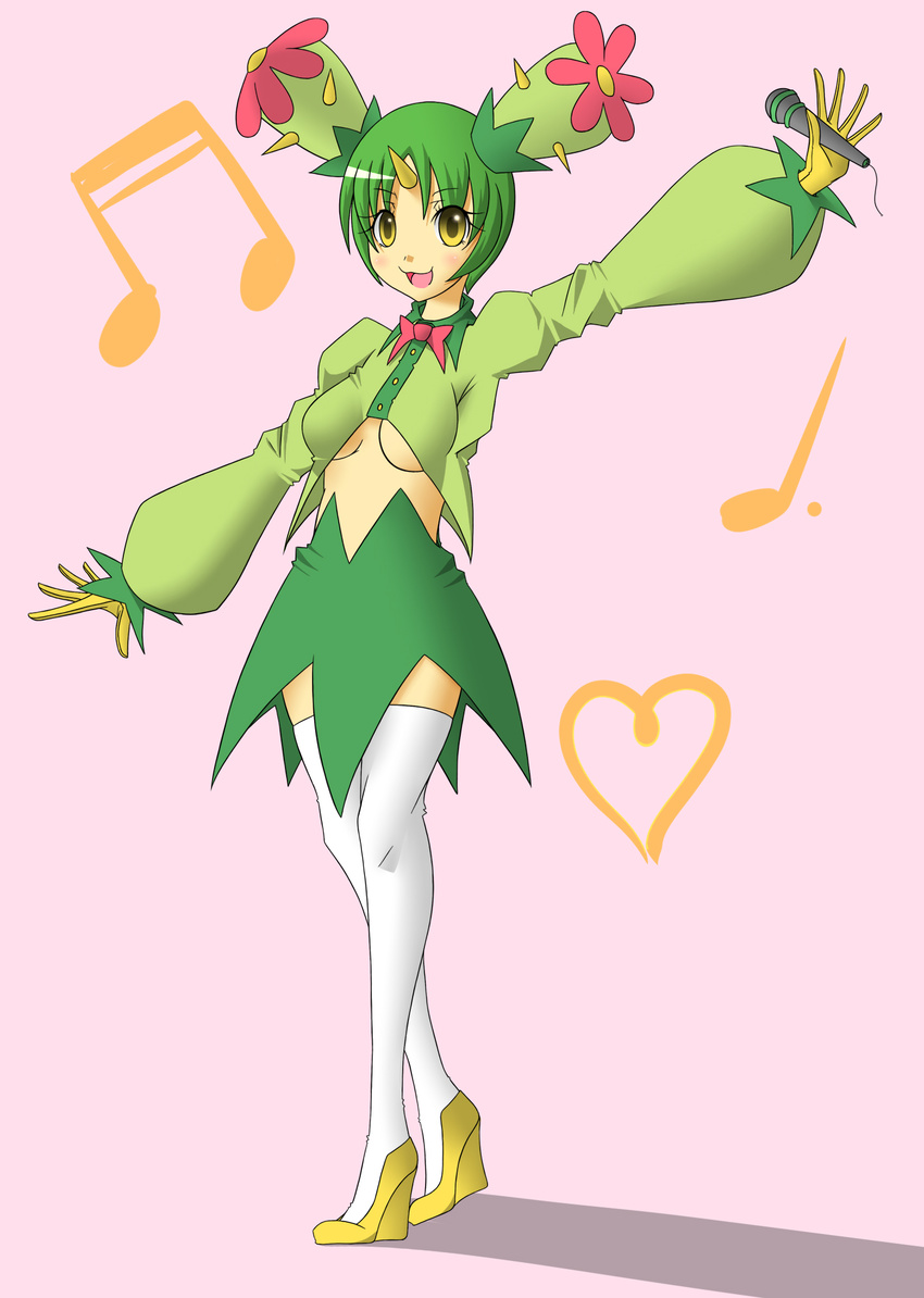 ? breasts cleavage heart highres maractus microphone moemon music_note musical_note nintendo personification plant pokemon pokrmon thighhighs â™ª â™«