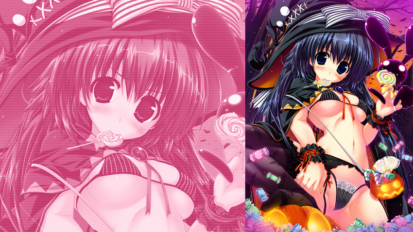 black_hair blue_eyes bra candy garter_belt halloween hat kamikaze_explorer long_hair oshiki_hitoshi panties underwear usami_saori zoom_layer